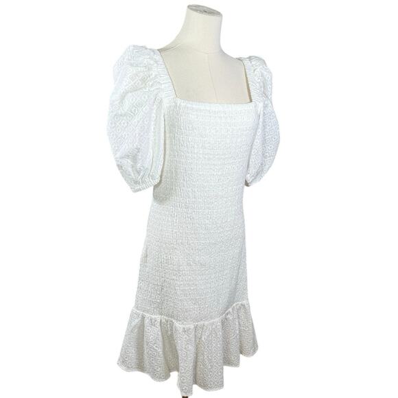 NWOT Rachel Parcell Cotton White Puff Sleeve Smocked Mini Dress | Ruffle Hem | L - Picture 4 of 12